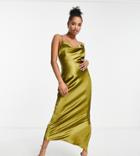 Asos Design Petite Satin Lace Back Maxi Dress In Olive-green
