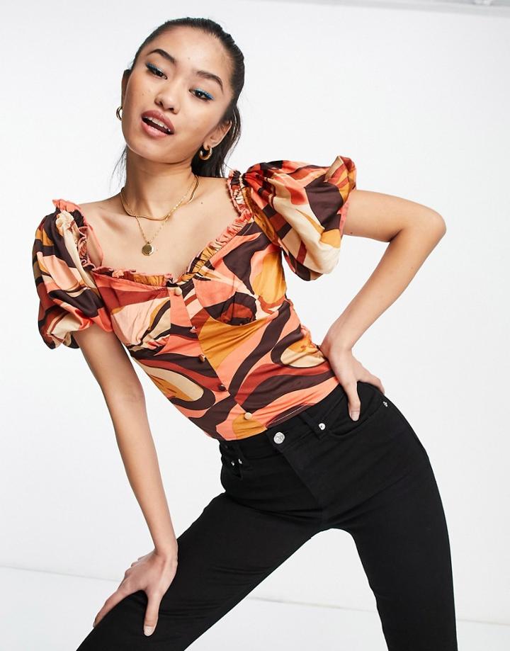 Outrageous Fortune Bardot Top In 70s Swirl Print-orange