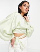 Asos Design Volume Sleeve Cropped Top With Tie Waist In Washed Apple-green