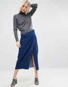 Asos Denim Midi Wrap Skirt With Raw Hem In Dark Wash Blue - Blue