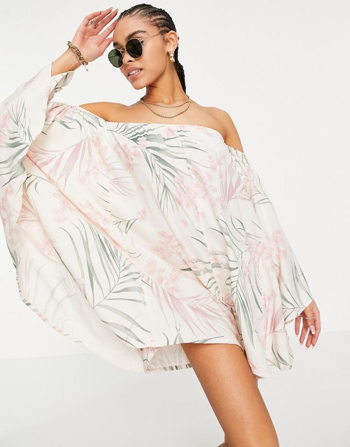 Asos Design Batwing Beach Romper In Palm Print-multi