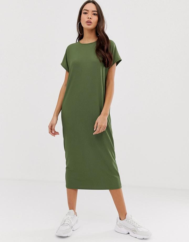 Asos Design Luxe Rib Oversized Midi T-shirt Dress - Green