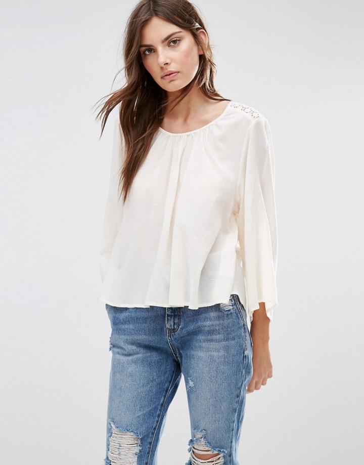 Vila Lace Yoke Swing Top - Sandshell