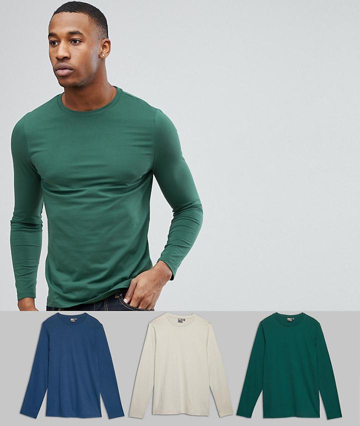 Asos Design Long Sleeve Crew Neck T-shirt 3 Pack Save - Multi