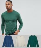Asos Design Long Sleeve Crew Neck T-shirt 3 Pack Save - Multi