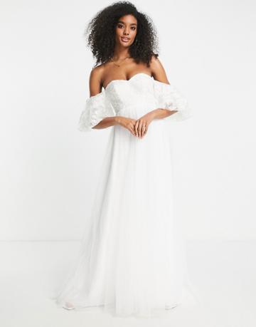 Asos Edition Tabitha Embroidered Off Shoulder Wedding Dress With Mesh Full Skirt-white