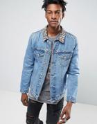 Asos Denim Jacket With Leopard Print Collar And Stud Detail In Blue Wash - Blue