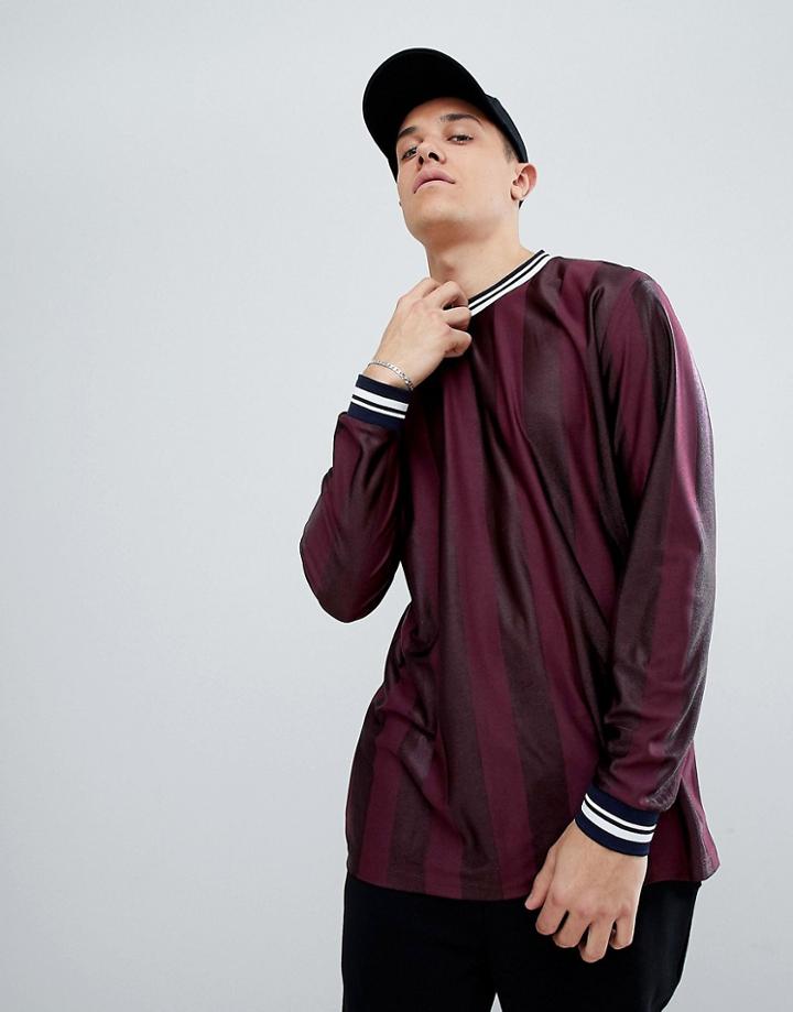 Asos Relaxed Longline Long Sleeve T-shirt In Shadow Stripe With Tipping In Burgundy - Red