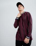 Asos Relaxed Longline Long Sleeve T-shirt In Shadow Stripe With Tipping In Burgundy - Red