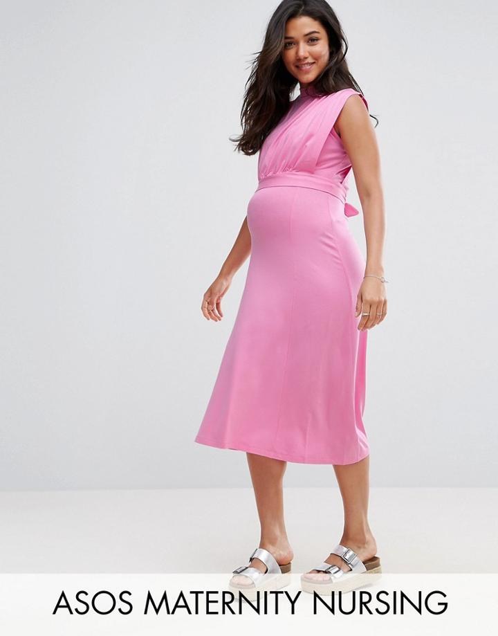 Asos Maternity Nursing High Neck Midi Dress - Pink