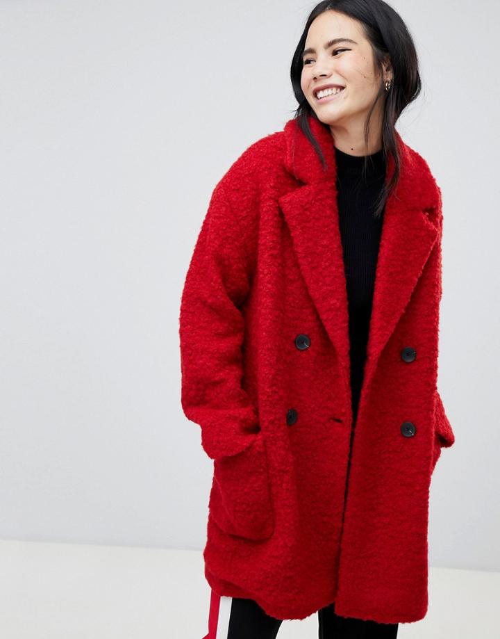 Bershka Pocket Detail Double Breasted Car Coat In Red - Red