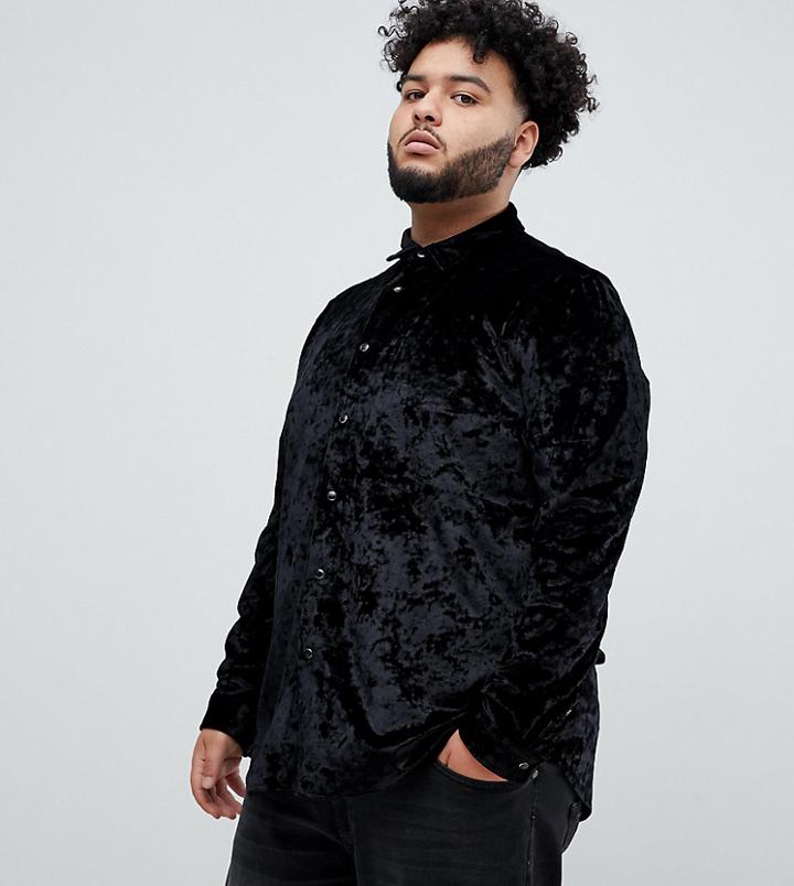 Asos Design Plus Regular Fit Crushed Velvet Shirt In Black - Black