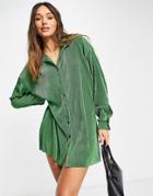 Asos Design Plisse Shirt Dress In Green