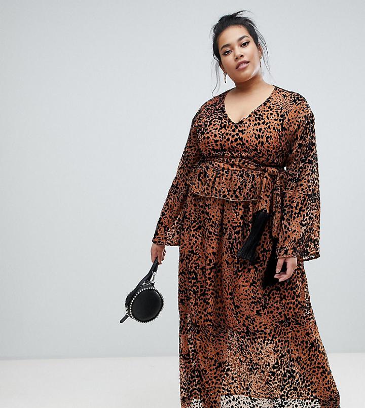 Lost Ink Plus Maxi Dress With Tie Waist In Leopard Print - Multi