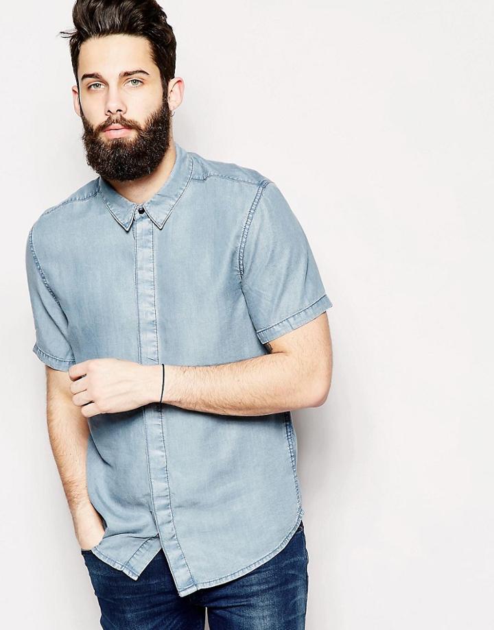Waven Denim Shirt Slim Fit Short Sleeve - Blue