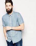 Waven Denim Shirt Slim Fit Short Sleeve - Blue
