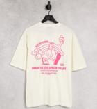 Collusion Unisex Oversized T-shirt With Cartoon Rainbow Print In Ecru-white