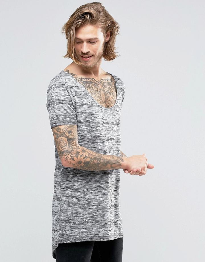 Asos Super Longline T-shirt With Scoop Neck And Curved Hem In Space Dye - Gray