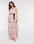 Vila Maxi Dress With Tie Waist And Tiered Skirt In Pink Polka Dot-multi