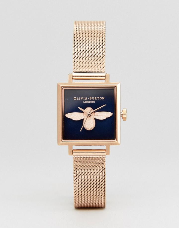 Olivia Burton Ob16am96 Molded Bee Square Mesh Watch In Rose Gold - Gold