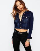 Noisy May Tobi Cropped Denim Jacket With Raw Edge - Blue