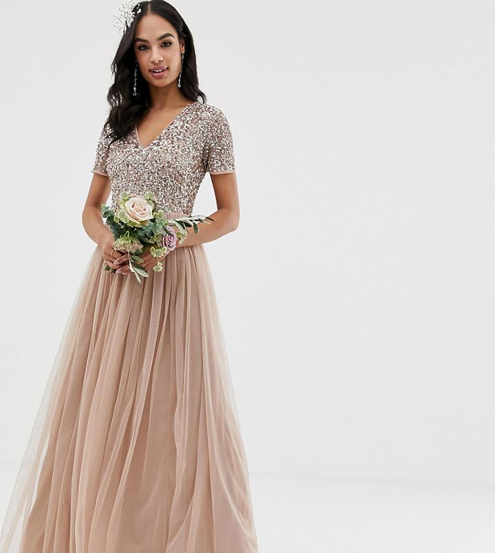 Maya Bridesmaid V Neck Maxi Tulle Dress With Tonal Delicate Sequins In Taupe Blush