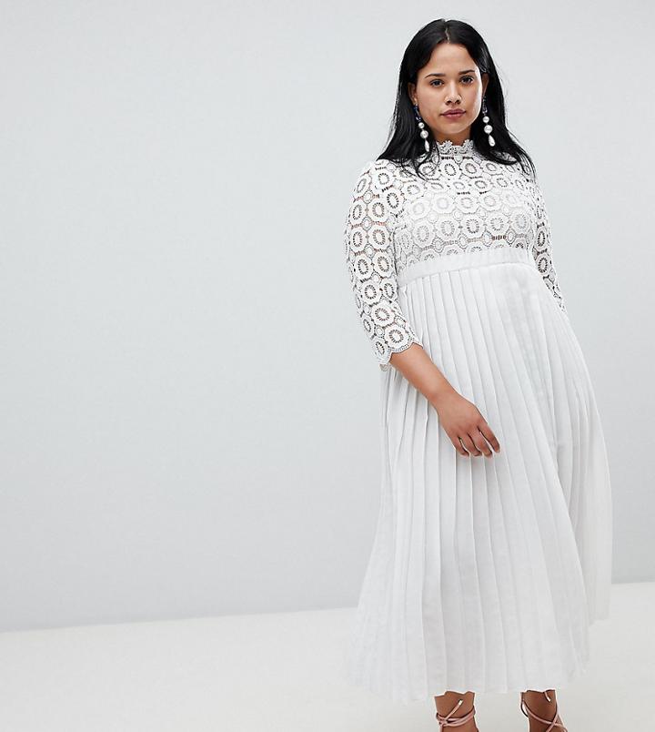 Little Mistress Plus 3/4 Sleeve Lace Top Pleated Midi Dress - White