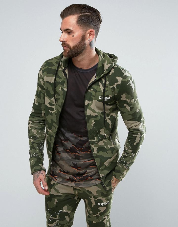 Defend London Camo Zip Up Hoodie With Paint Splatter - Green