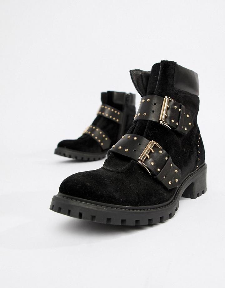 Sofie Schnoor Velvet Stud And Buckle Chunky Boot - Black