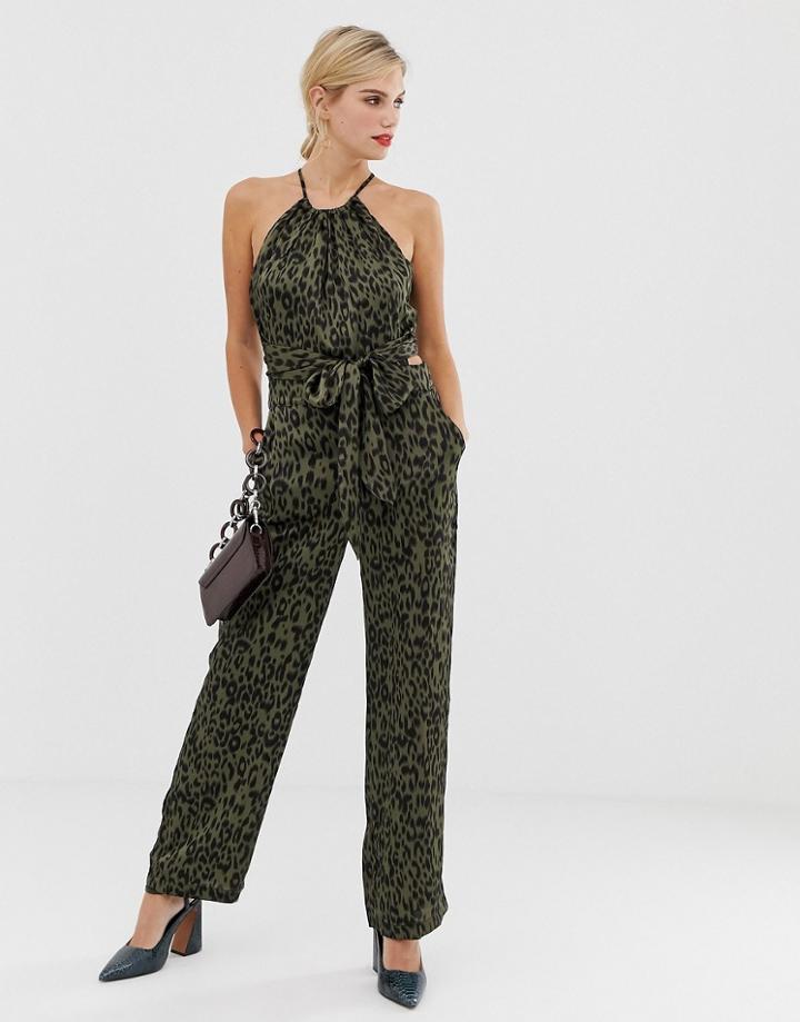 Liquorish Halterneck Jumpsuit In Leopard Print - Multi