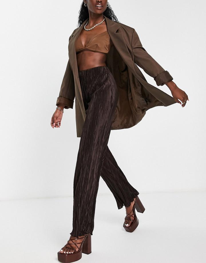 Asos Design Plisse Pants In Chocolate - Part Of A Set-brown