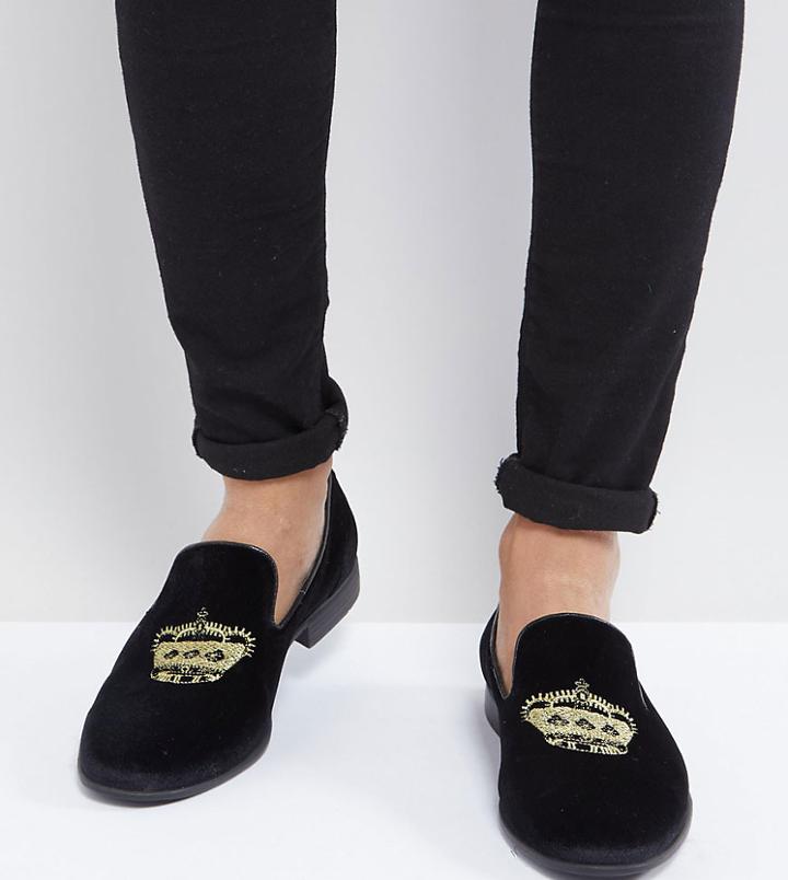 Asos Design Vegan Friendly Loafers In Black Velvet With Crown Embroidery - Black