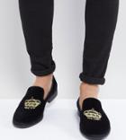 Asos Design Vegan Friendly Loafers In Black Velvet With Crown Embroidery - Black