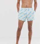 Asos Design Tall Swim Short In Tonal Blue With Slogan Print Short Length