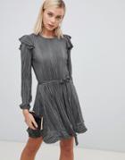 Asos Design Long Sleeve Frill Belted Plisse Dress - Green