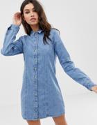 Asos Design Denim Fitted Western Shirt Dress In Midwash Blue - Blue