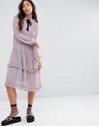 Asos Midi Tea Dress With Ruffle Hem And Contrast Tie - Purple