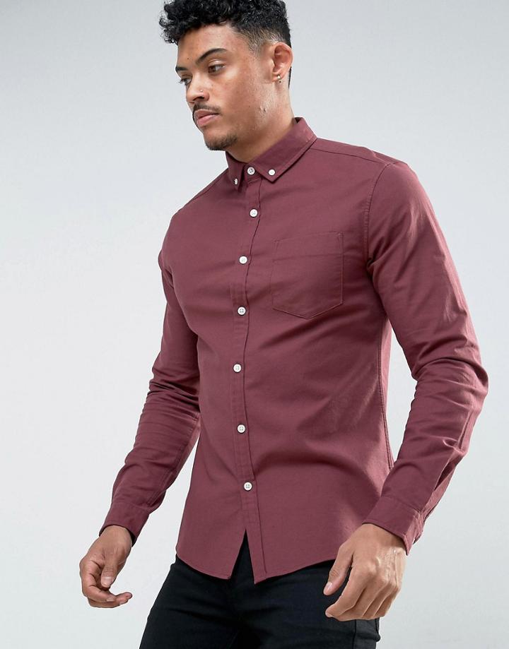 Asos Skinny Casual Oxford Shirt In Burgundy With Button Down Collar - Red