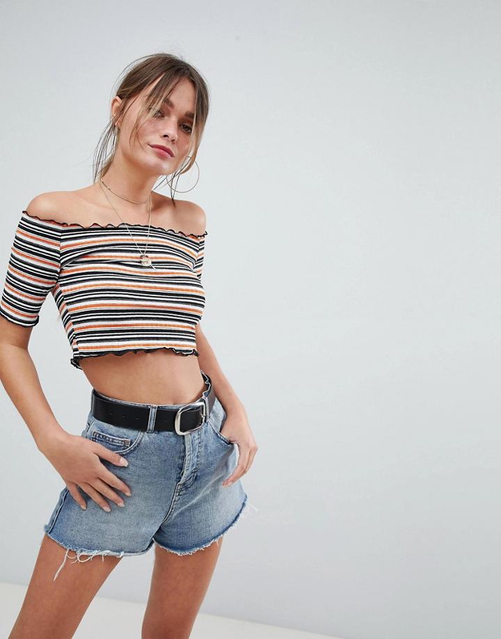 Prettylittlething Striped Bardot Frill Edge Top - Orange