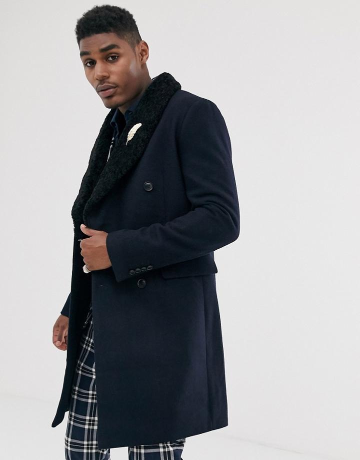 Devils Advocate Premium Wool Blend Double Breasted Removable Faux Fur Over Coat-navy