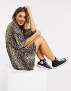 Asos Design Plisse Smock Mini Dress In Leopard Print-brown