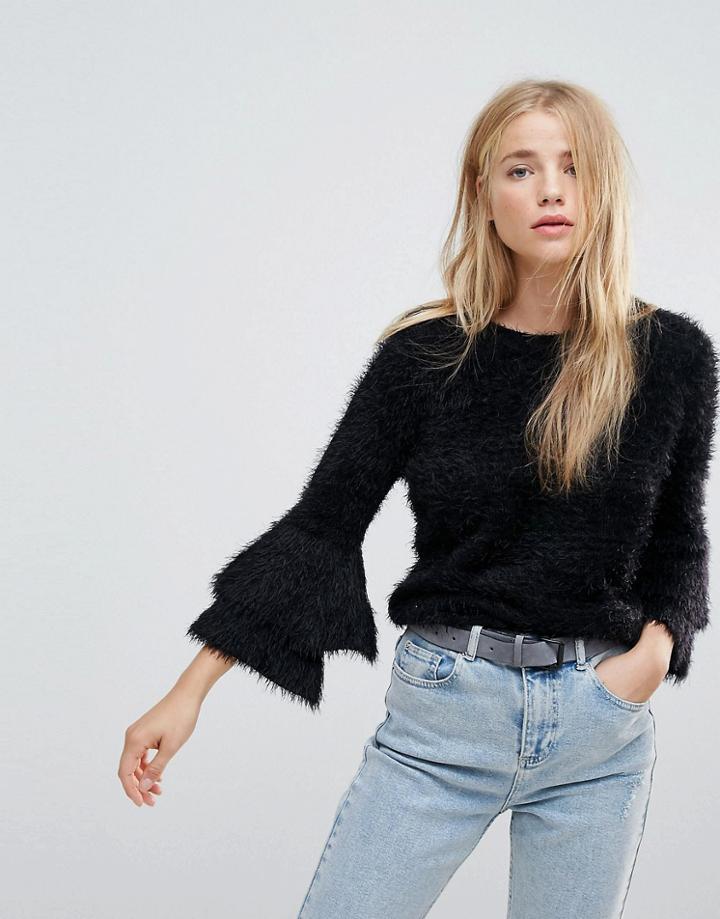New Look Tiered Sleeve Knit Sweater - Black