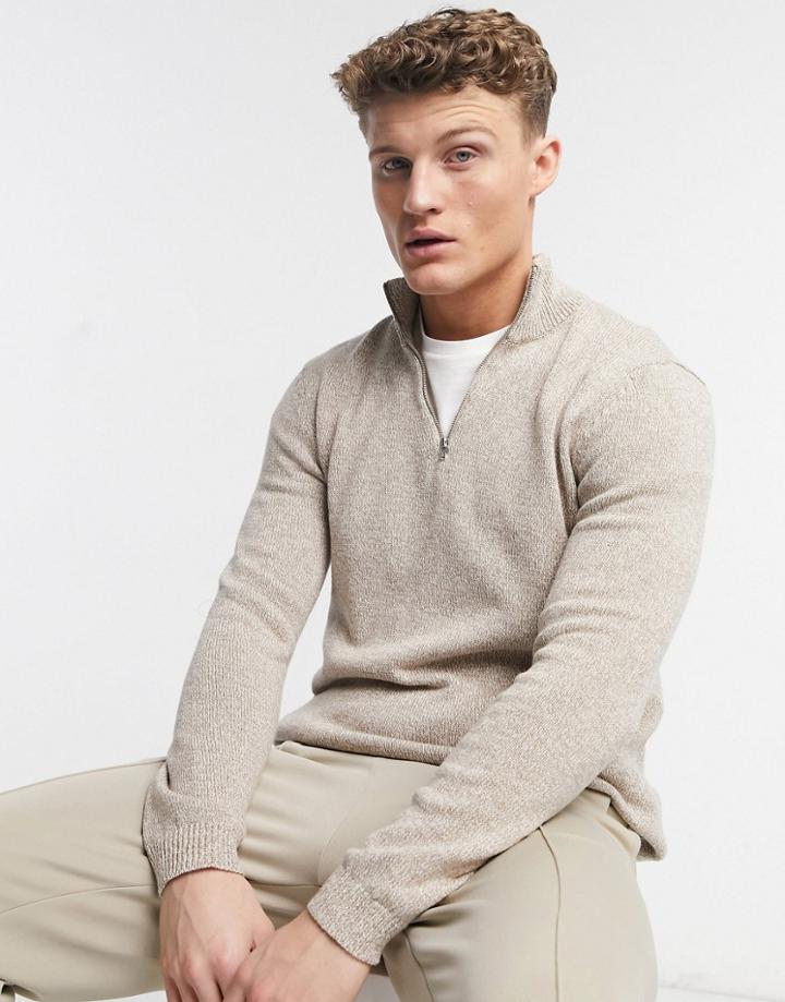 Asos Design Midweight Half Zip Sweater In Oatmeal Twist-neutral