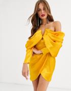 Asos Design Bandeau Mini Dress In Premium Satin With Drape Sleeve-gold