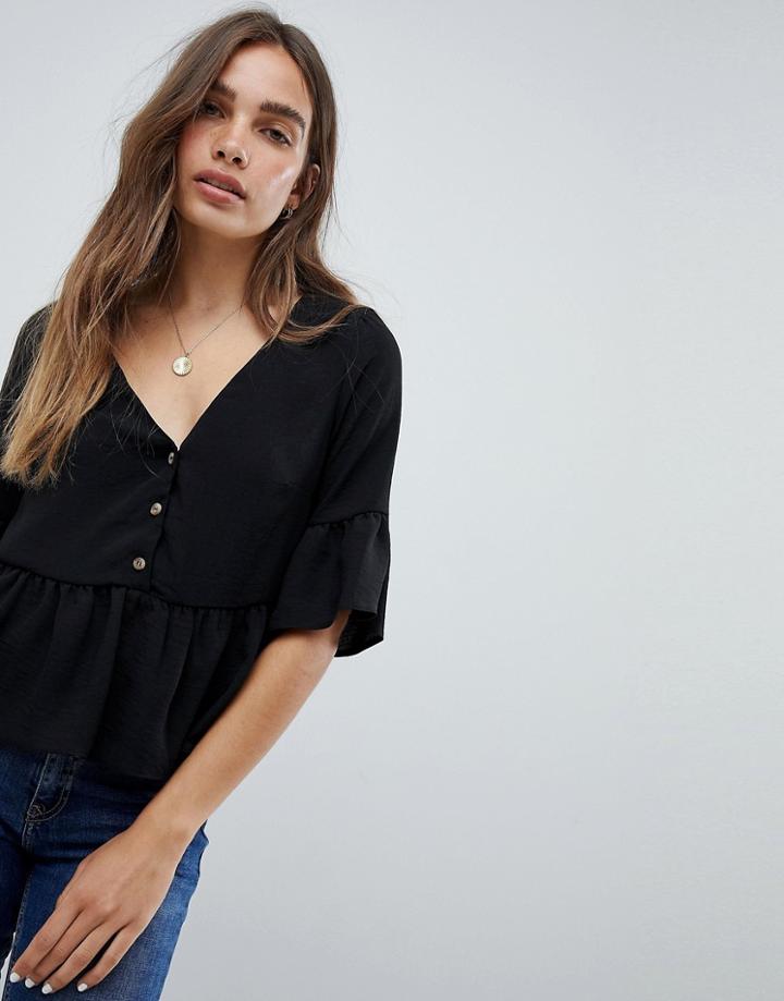 New Look Button Detail Peplum Shell Top - Black