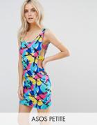 Asos Petite Bow Side Cut Out Mini Sundress In Bright Abstract Print - Multi