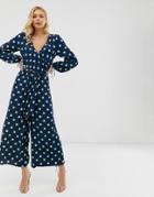 Asos Design Wrap Jumpsuit In Polka Dot With Tie Cuffs-navy