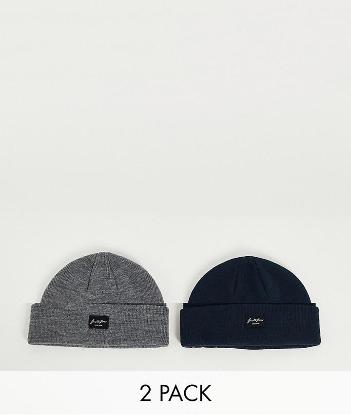 Jack & Jones 2 Pack Beanies In Navy & Gray-multi