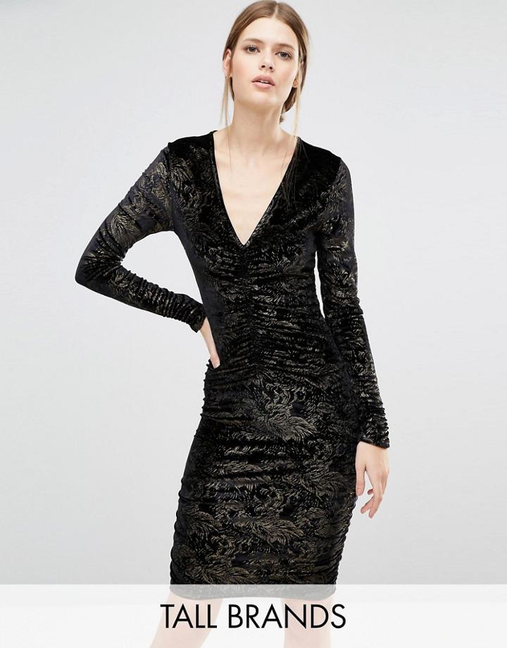 New Look Tall Velvet Foil Ruched Bodycon Dress - Black