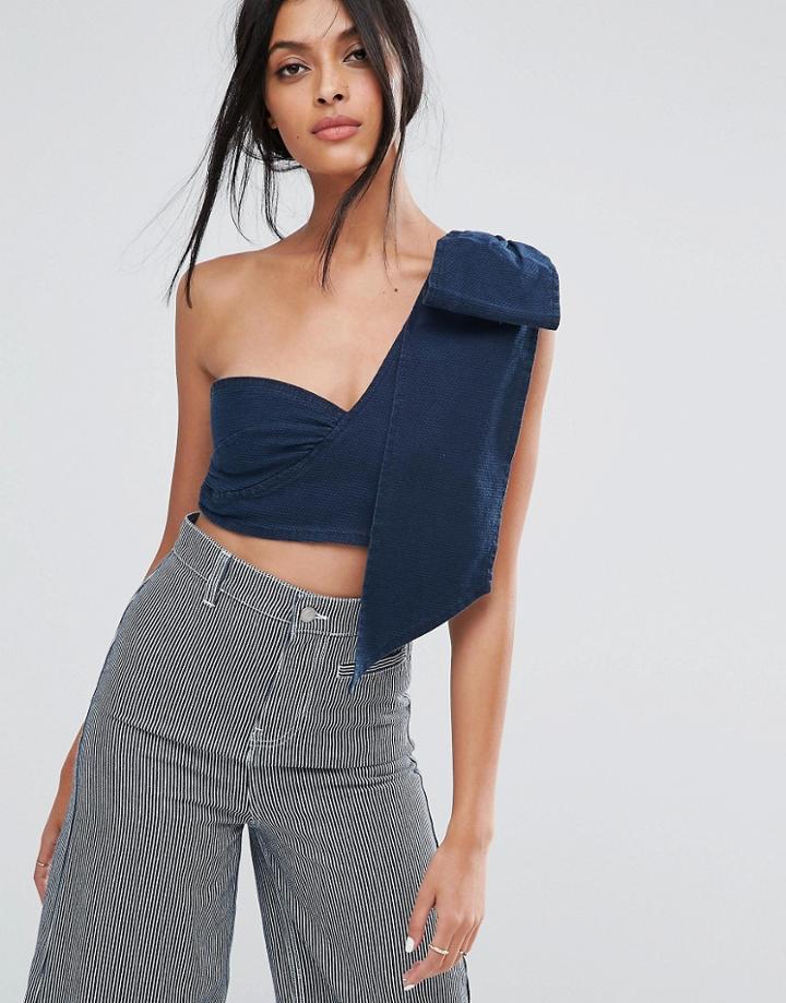 Asos Denim One Shoulder Crop Top In Dark Wash Blue - Blue
